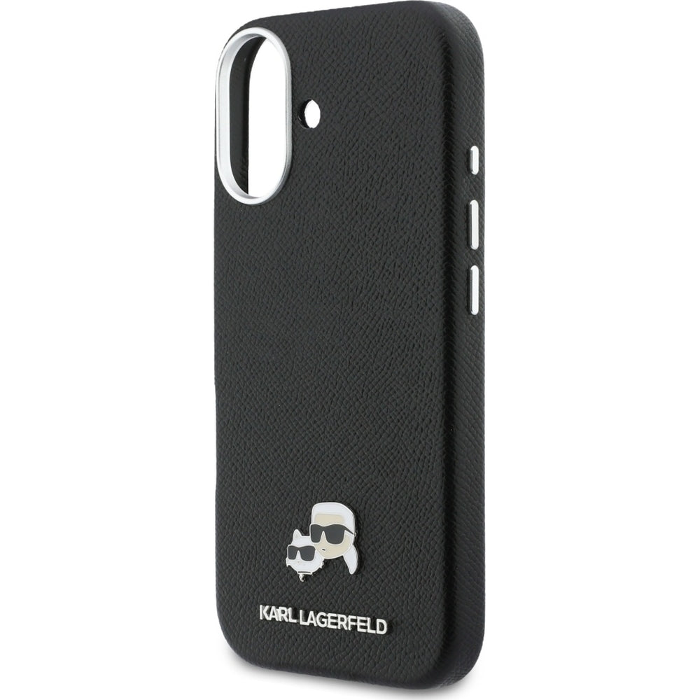 Handyhülle für iPhone 17, Karl Lagerfeld HardCase Karl and Choupette Head Pin Saffiano, Schwarz
