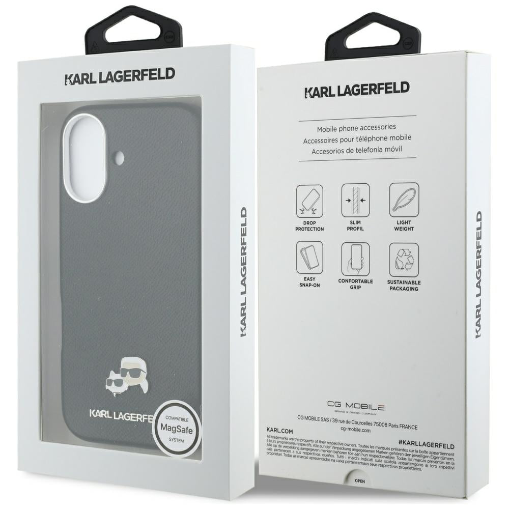 Handyhülle für iPhone 17, Karl Lagerfeld HardCase Karl and Choupette Head Pin Saffiano, Schwarz