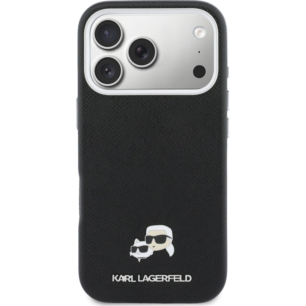 Handyhülle für iPhone 17 Pro, Karl Lagerfeld HardCase Karl and Choupette Head Pin Saffiano, Schwarz