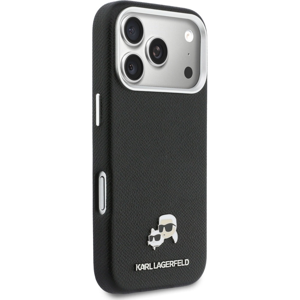Handyhülle für iPhone 17 Pro, Karl Lagerfeld HardCase Karl and Choupette Head Pin Saffiano, Schwarz