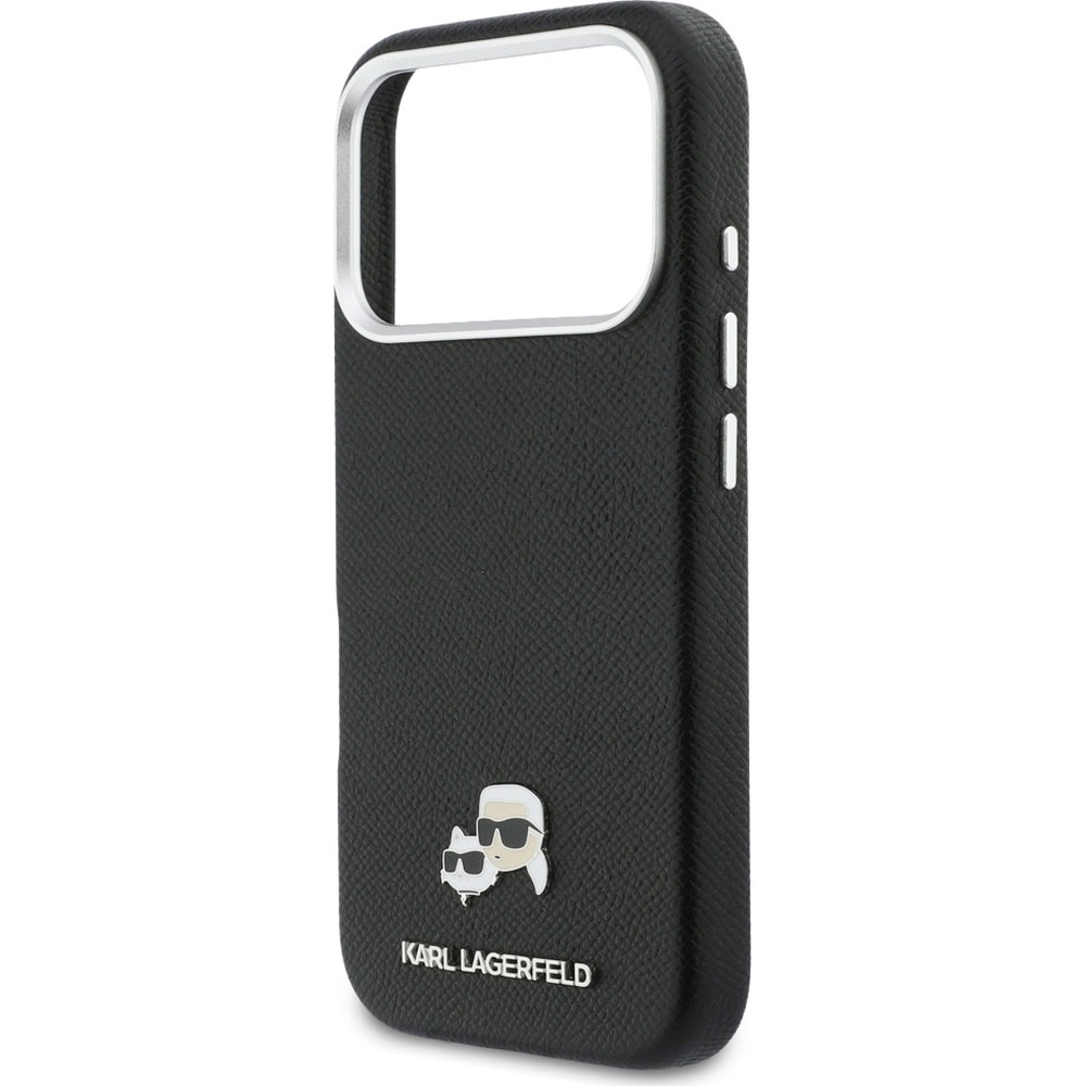 Handyhülle für iPhone 17 Pro, Karl Lagerfeld HardCase Karl and Choupette Head Pin Saffiano, Schwarz