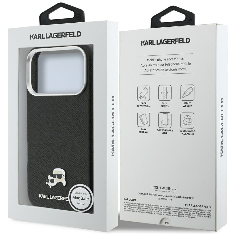 Handyhülle für iPhone 17 Pro, Karl Lagerfeld HardCase Karl and Choupette Head Pin Saffiano, Schwarz