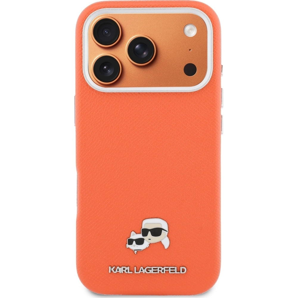 Handyhülle für iPhone 17 Pro Max, Karl Lagerfeld HardCase Karl and Choupette Head Pin Saffiano, Orange