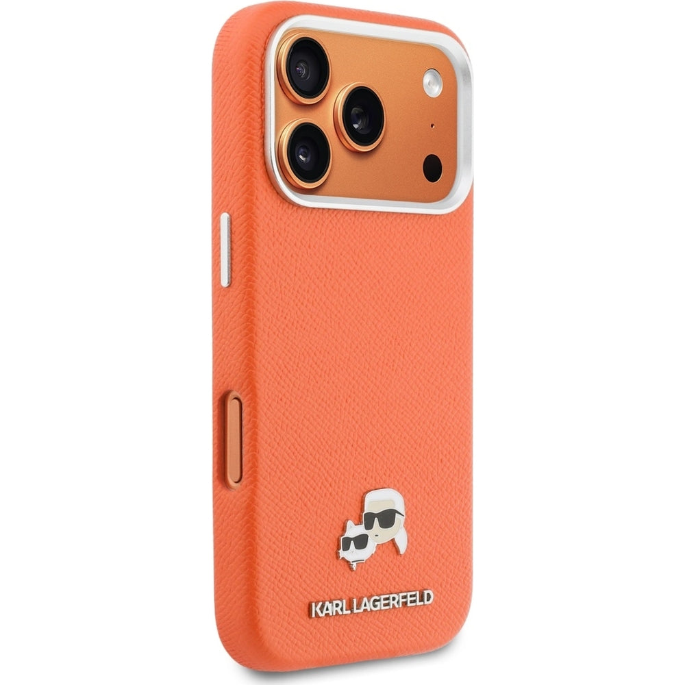 Handyhülle für iPhone 17 Pro Max, Karl Lagerfeld HardCase Karl and Choupette Head Pin Saffiano, Orange
