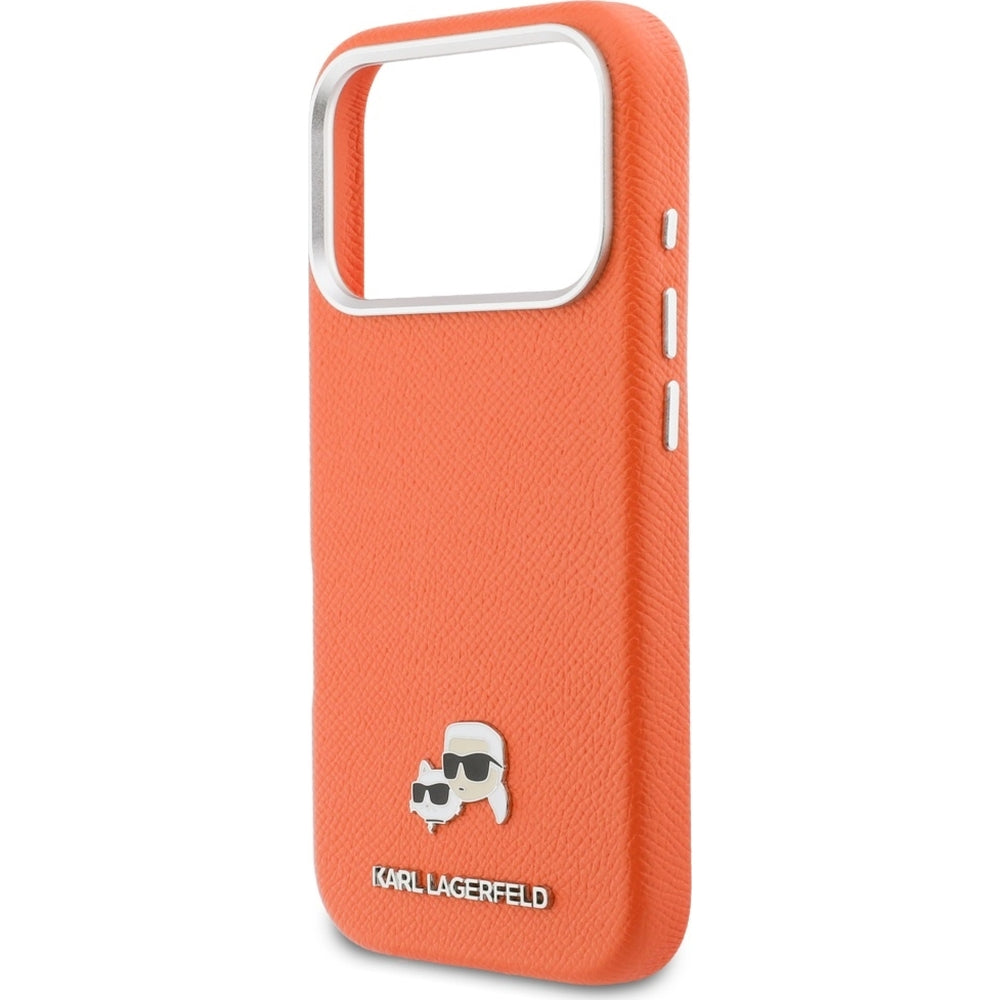 Handyhülle für iPhone 17 Pro Max, Karl Lagerfeld HardCase Karl and Choupette Head Pin Saffiano, Orange