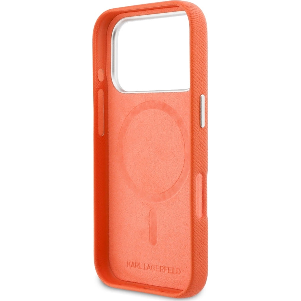 Handyhülle für iPhone 17 Pro Max, Karl Lagerfeld HardCase Karl and Choupette Head Pin Saffiano, Orange