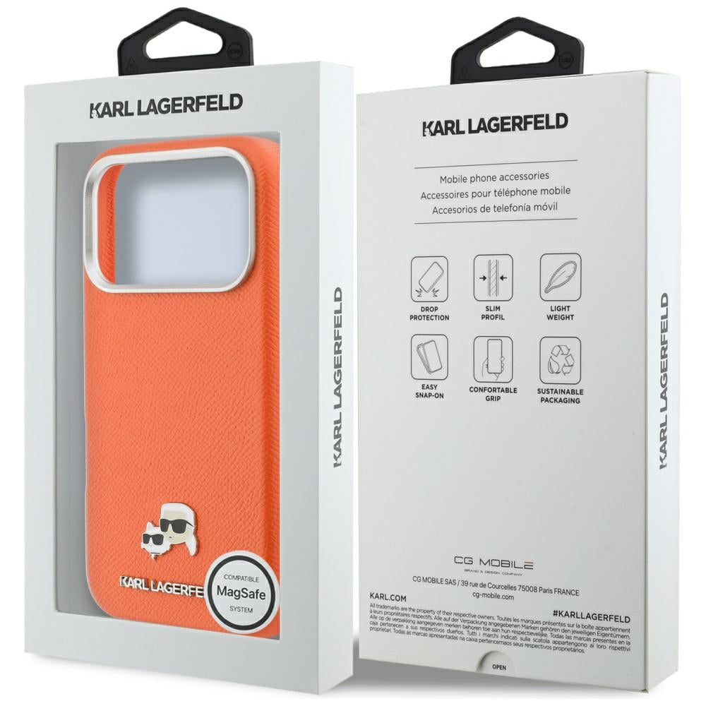 Handyhülle für iPhone 17 Pro Max, Karl Lagerfeld HardCase Karl and Choupette Head Pin Saffiano, Orange