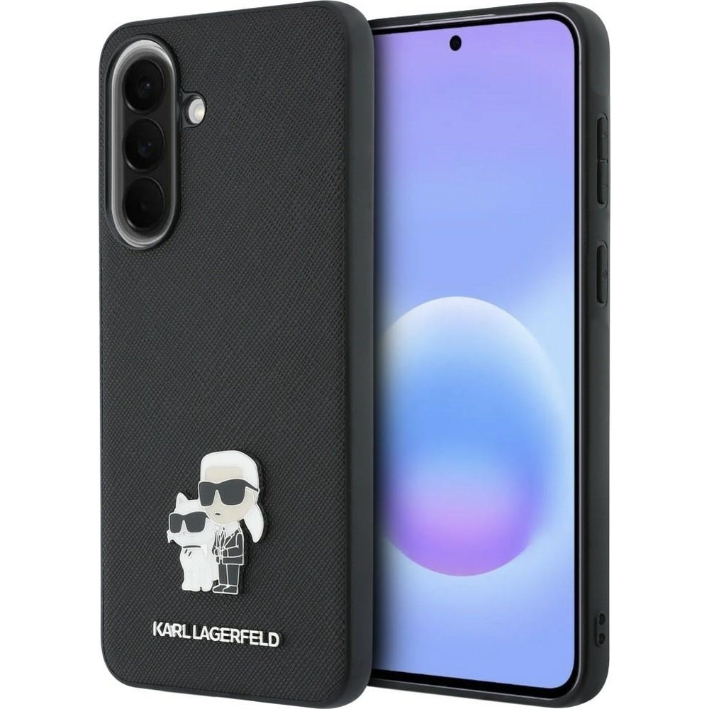 Handyhülle für Galaxy A57 5G, Karl Lagerfeld Saffiano Full Wrapped, Schwarze mit Karl Lagerfeld und seiner Katze Choupette