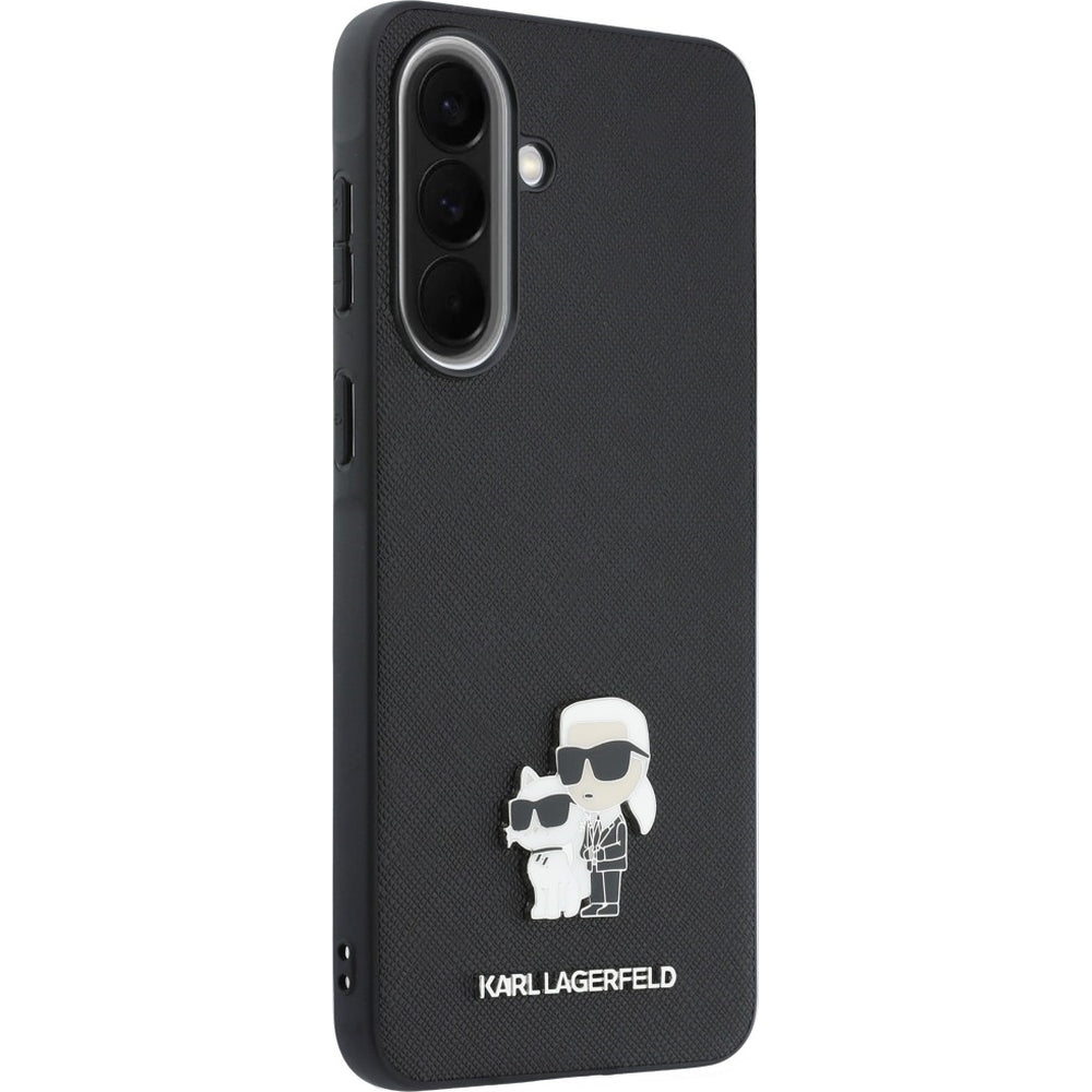 Handyhülle für Galaxy A57 5G, Karl Lagerfeld Saffiano Full Wrapped, Schwarze mit Karl Lagerfeld und seiner Katze Choupette