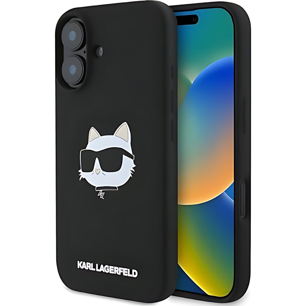 Schutzhülle Karl Lagerfeld Hard Case Silicone Choupette Head MagSafe für iPhone 16, Schwarz