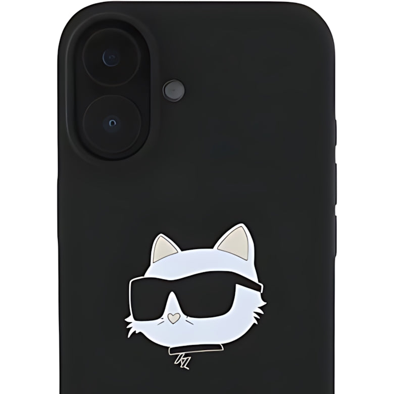 Schutzhülle Karl Lagerfeld Hard Case Silicone Choupette Head MagSafe für iPhone 16, Schwarz