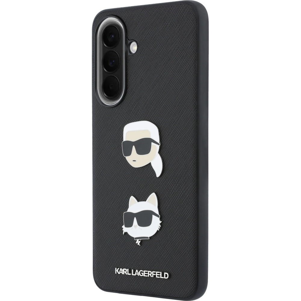Handyhülle für Galaxy A57 5G, Karl Lagerfeld Saffiano Full Wrapped, Schwarz mit den Köpfen von Karl und Choupette