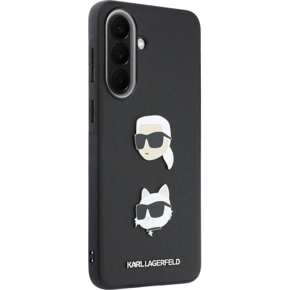 Handyhülle für Galaxy A57 5G, Karl Lagerfeld Saffiano Full Wrapped, Schwarz mit den Köpfen von Karl und Choupette