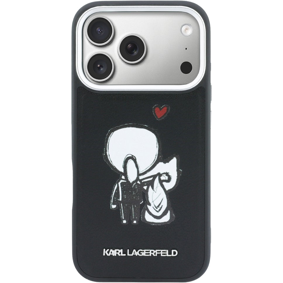 Handyhülle für iPhone 17 Pro, Karl Lagerfeld Hardcase Leather mit MagSafe, Schwarze mit Karl Lagerfeld und seiner Katze Choupette