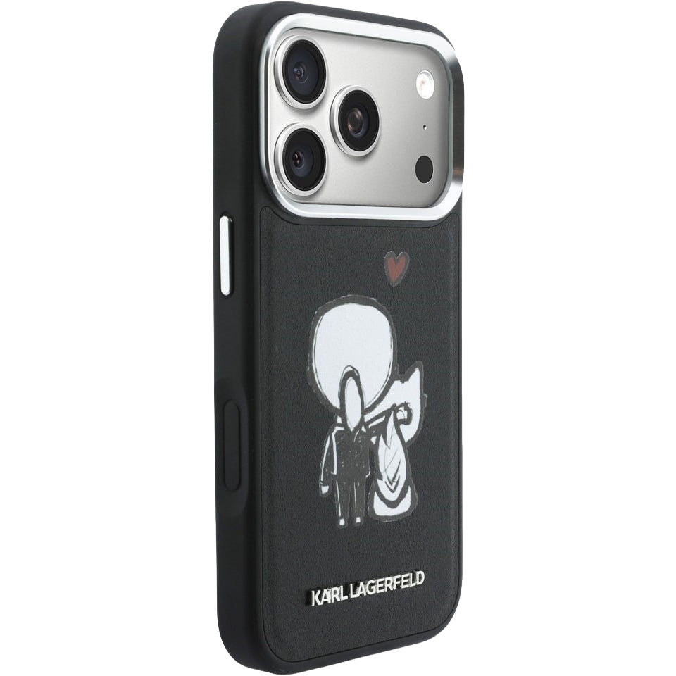 Handyhülle für iPhone 17 Pro, Karl Lagerfeld Hardcase Leather mit MagSafe, Schwarze mit Karl Lagerfeld und seiner Katze Choupette