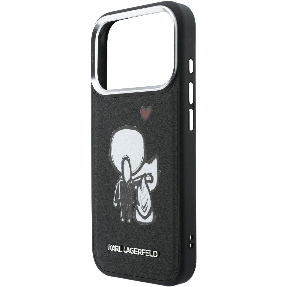 Handyhülle für iPhone 17 Pro, Karl Lagerfeld Hardcase Leather mit MagSafe, Schwarze mit Karl Lagerfeld und seiner Katze Choupette