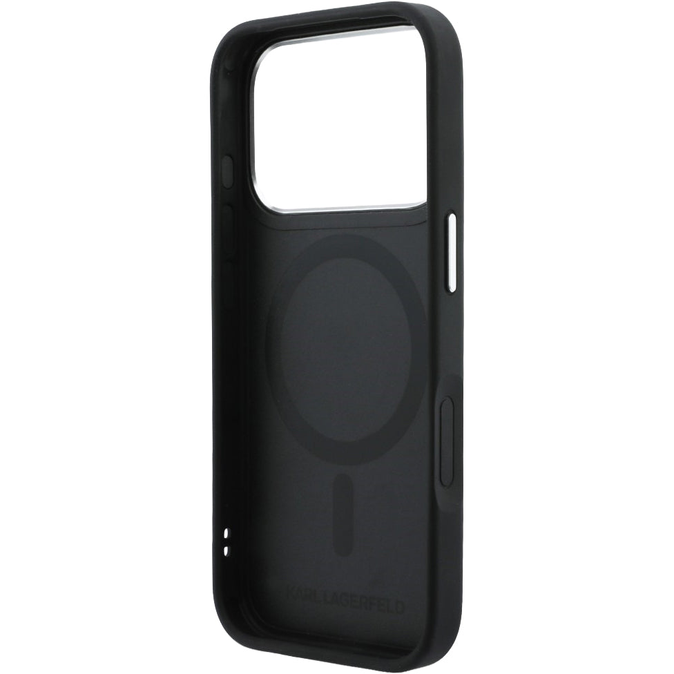 Handyhülle für iPhone 17 Pro, Karl Lagerfeld Hardcase Leather mit MagSafe, Schwarze mit Karl Lagerfeld und seiner Katze Choupette