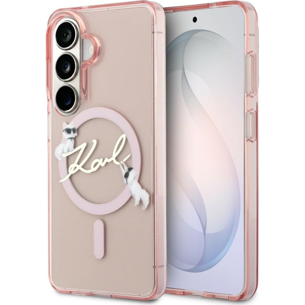 Handyhülle für Galaxy S26,  Karl Lagerfeld IML Print MagSafe, Transparent pink mit Choupette