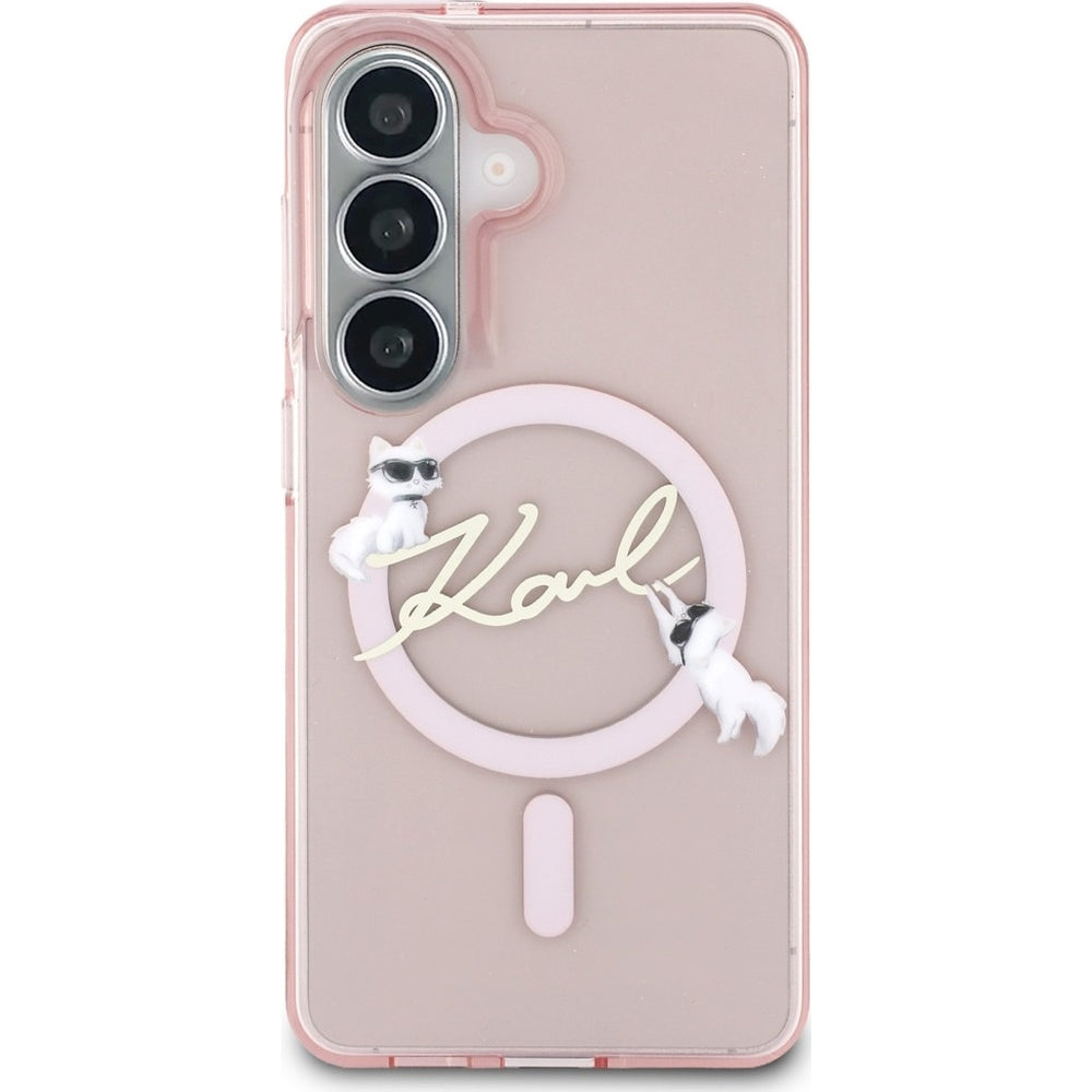 Handyhülle für Galaxy S26,  Karl Lagerfeld IML Print MagSafe, Transparent pink mit Choupette