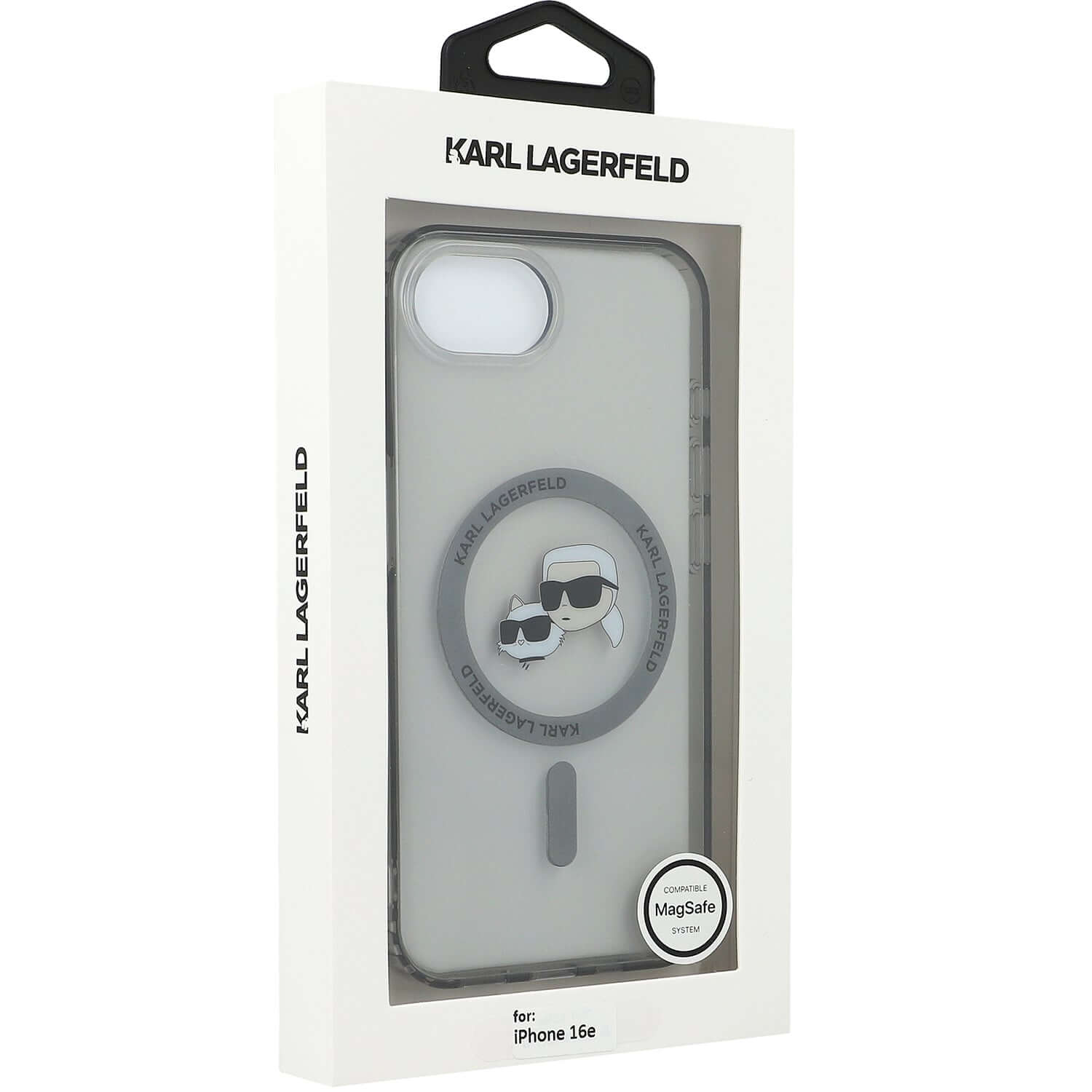 Handyhülle für iPhone 17e / 16e, Karl Lagerfeld HardCase IML Karl & Choupette Heads MagSafe, Durchscheinend mit schwarzen Rahmen