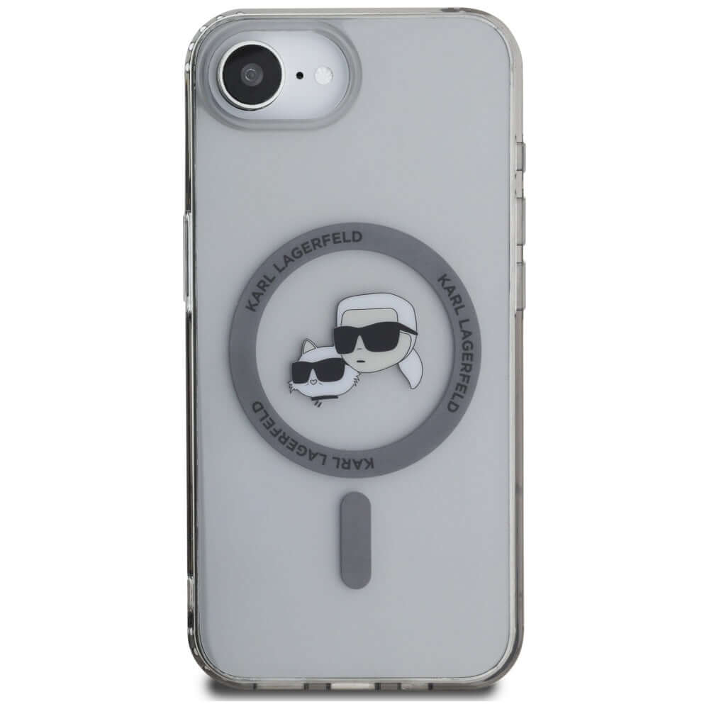 Handyhülle für iPhone 17e / 16e, Karl Lagerfeld HardCase IML Karl & Choupette Heads MagSafe, Durchscheinend mit schwarzen Rahmen