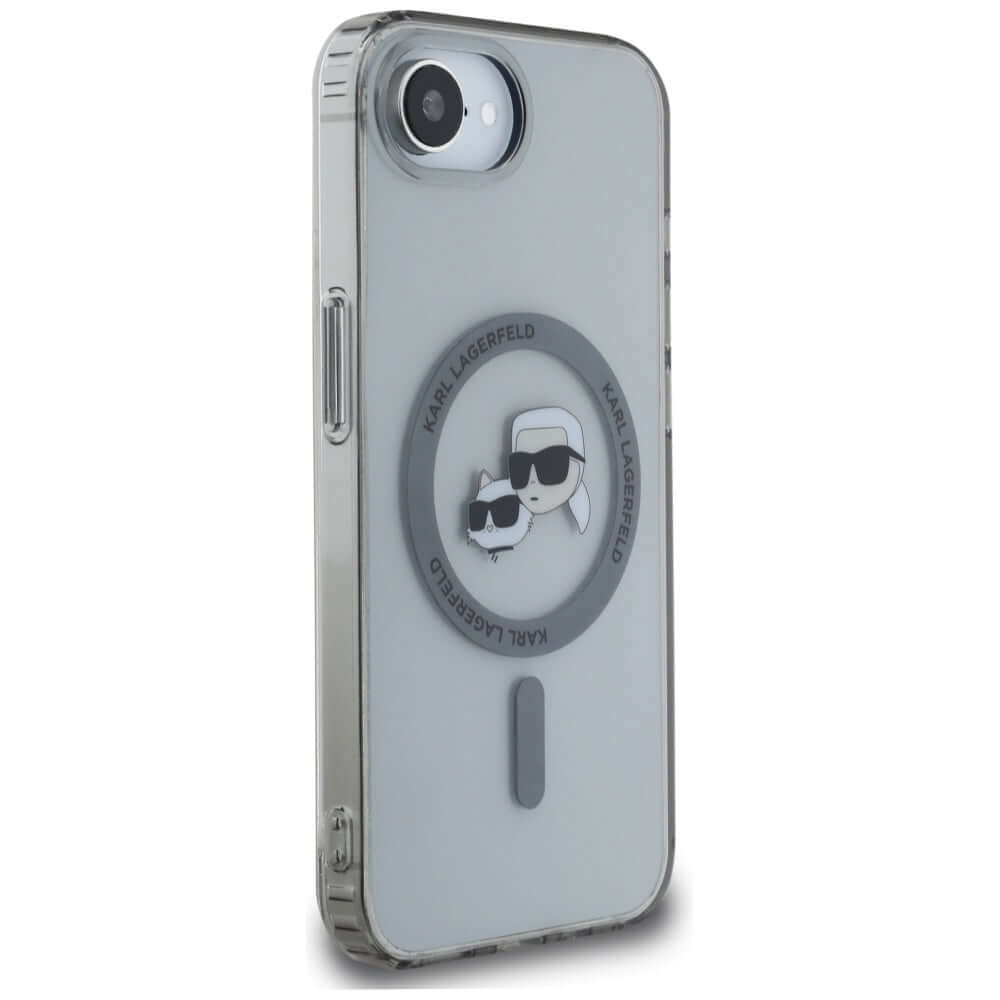 Handyhülle für iPhone 17e / 16e, Karl Lagerfeld HardCase IML Karl & Choupette Heads MagSafe, Durchscheinend mit schwarzen Rahmen