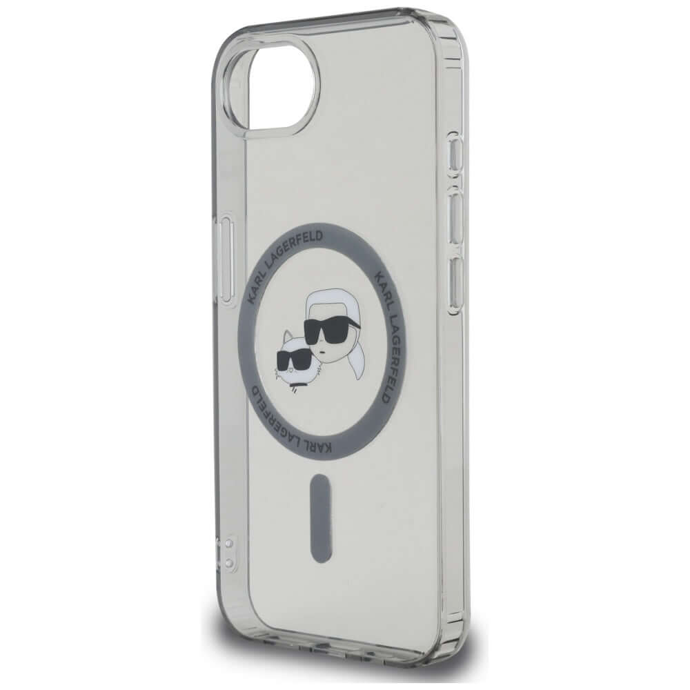 Handyhülle für iPhone 17e / 16e, Karl Lagerfeld HardCase IML Karl & Choupette Heads MagSafe, Durchscheinend mit schwarzen Rahmen