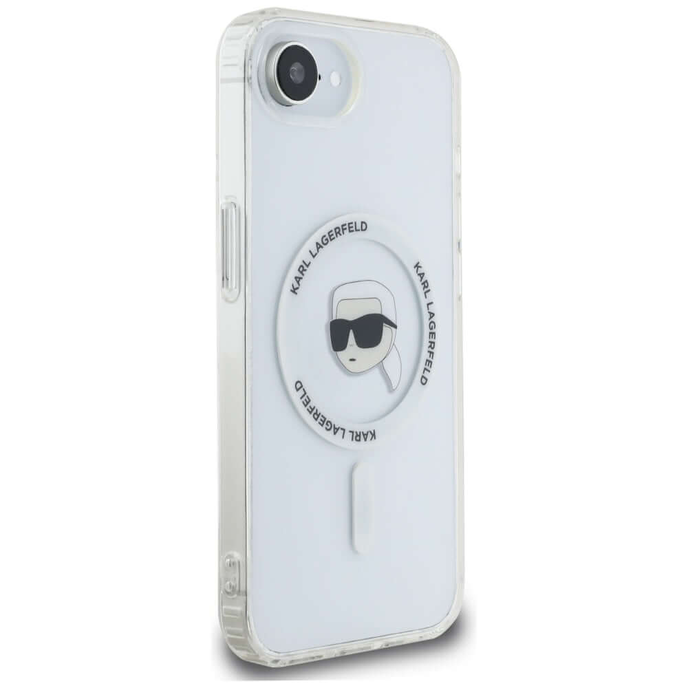 Handyhülle für iPhone 17e / 16e, Karl Lagerfeld HardCase IML Karl Head MagSafe, Transparent und Weiß