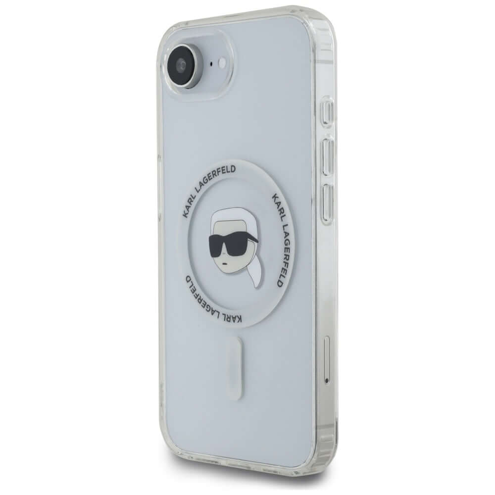 Handyhülle für iPhone 17e / 16e, Karl Lagerfeld HardCase IML Karl Head MagSafe, Transparent und Weiß