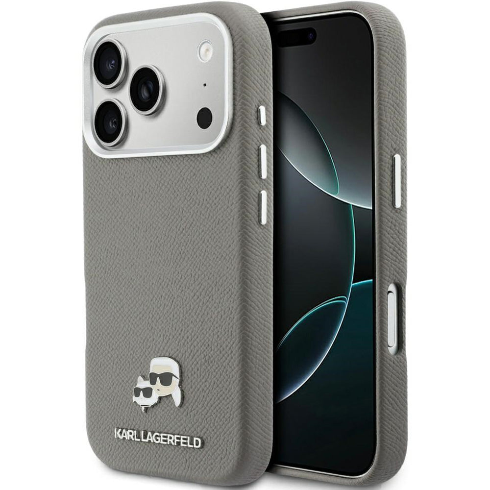 Handyhülle für iPhone 17 Pro, Karl Lagerfeld HardCase Karl and Choupette Head Pin Saffiano mit MagSafe, Grau