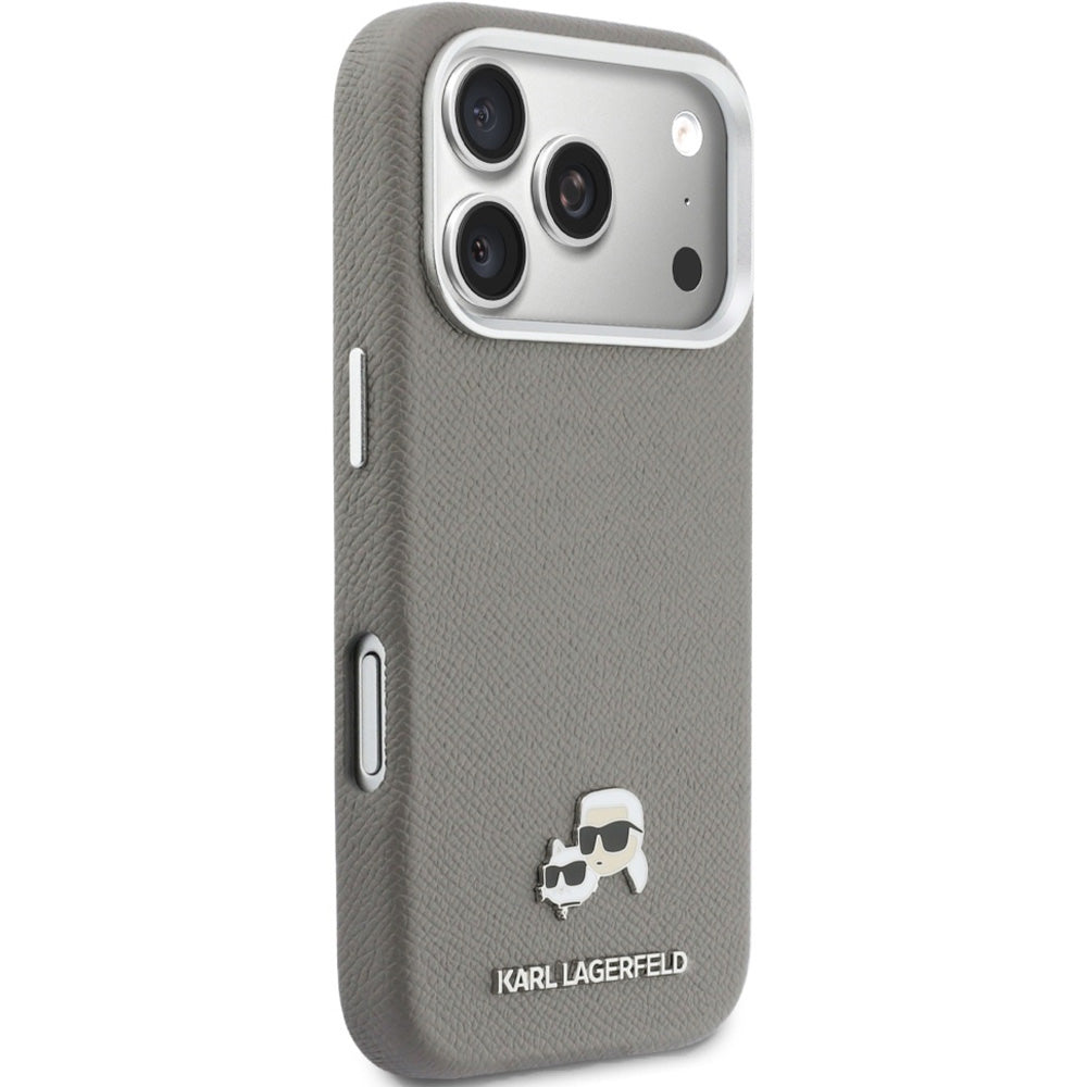 Handyhülle für iPhone 17 Pro, Karl Lagerfeld HardCase Karl and Choupette Head Pin Saffiano mit MagSafe, Grau