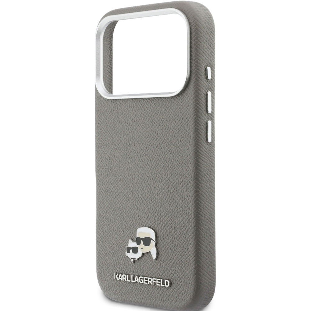 Handyhülle für iPhone 17 Pro, Karl Lagerfeld HardCase Karl and Choupette Head Pin Saffiano mit MagSafe, Grau