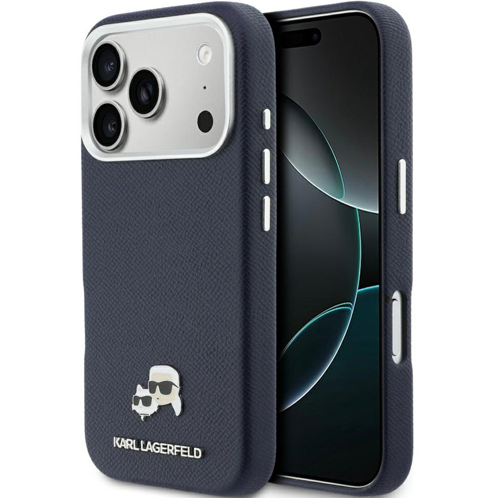 Handyhülle für iPhone 17 Pro Max, Karl Lagerfeld HardCase Karl and Choupette Head Pin Saffiano mit MagSafe, Dunkelblau