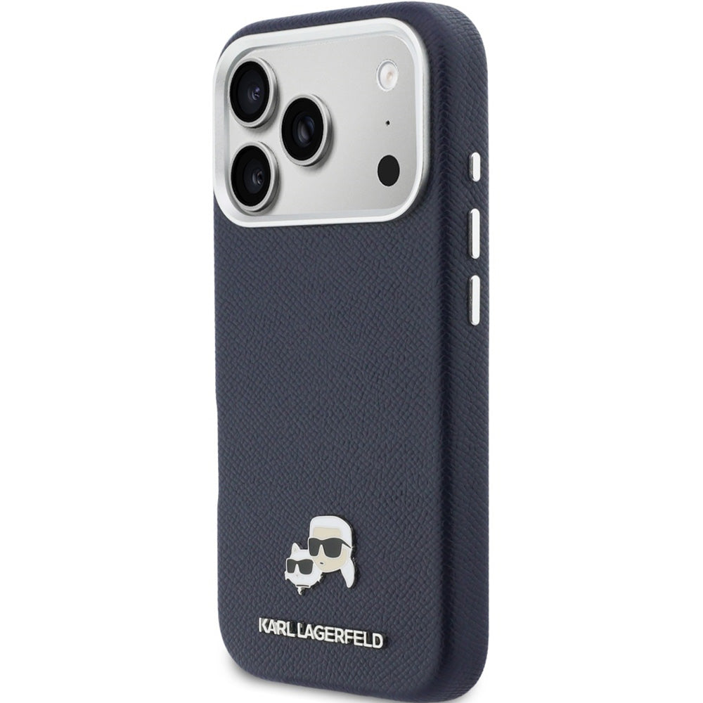 Handyhülle für iPhone 17 Pro Max, Karl Lagerfeld HardCase Karl and Choupette Head Pin Saffiano mit MagSafe, Dunkelblau