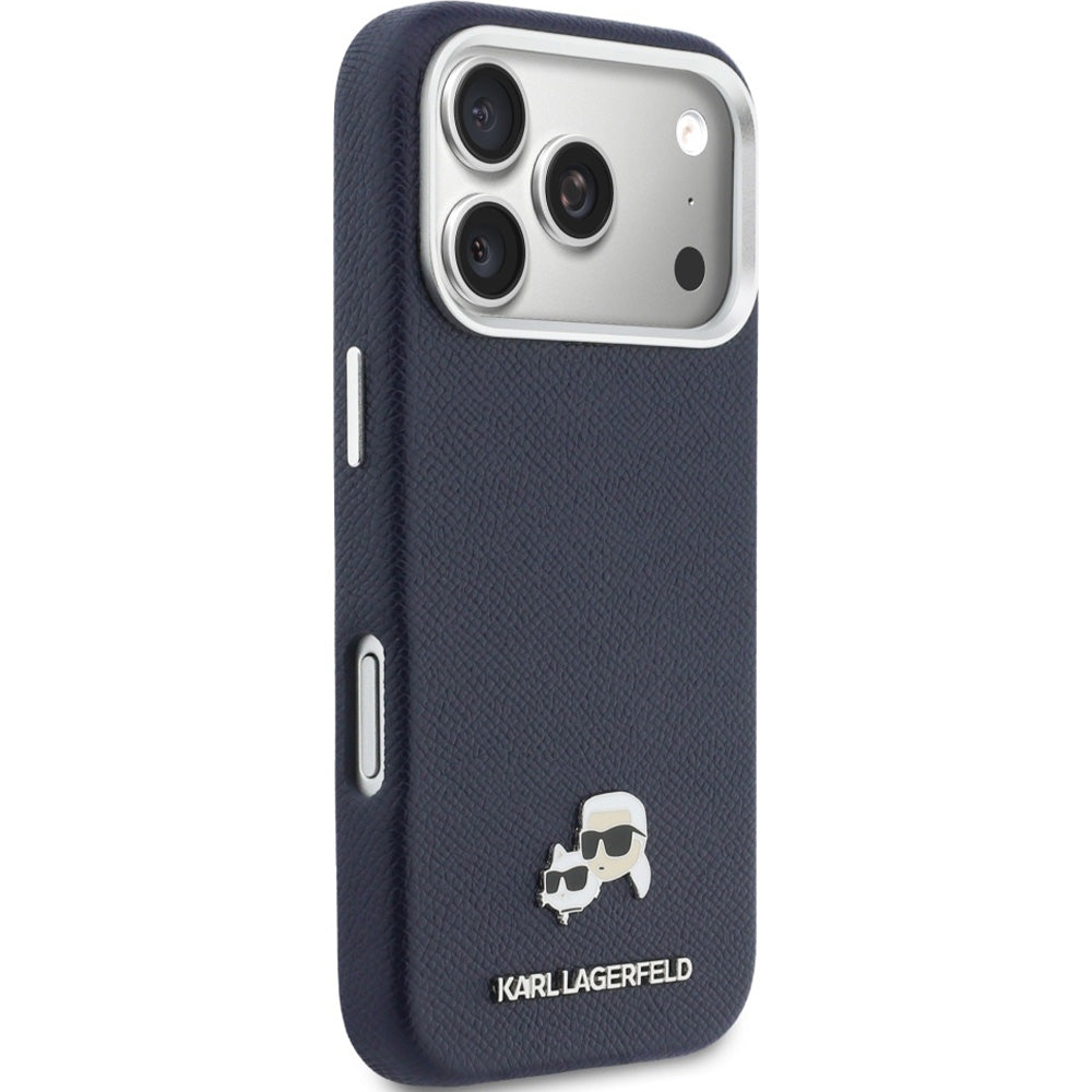 Handyhülle für iPhone 17 Pro Max, Karl Lagerfeld HardCase Karl and Choupette Head Pin Saffiano mit MagSafe, Dunkelblau