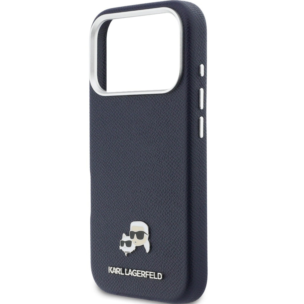 Handyhülle für iPhone 17 Pro Max, Karl Lagerfeld HardCase Karl and Choupette Head Pin Saffiano mit MagSafe, Dunkelblau