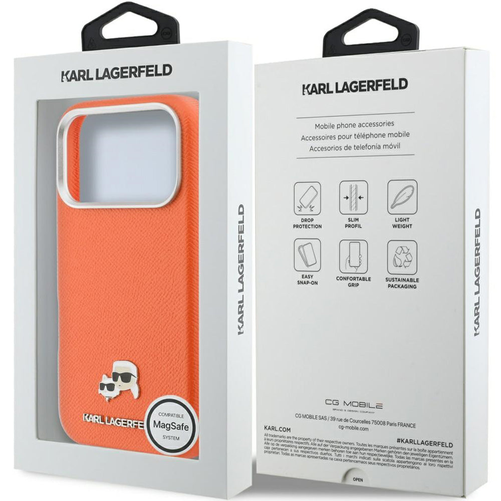 Handyhülle für iPhone 17 Pro, Karl Lagerfeld HardCase Karl and Choupette Head Pin Saffiano mit MagSafe, Orange