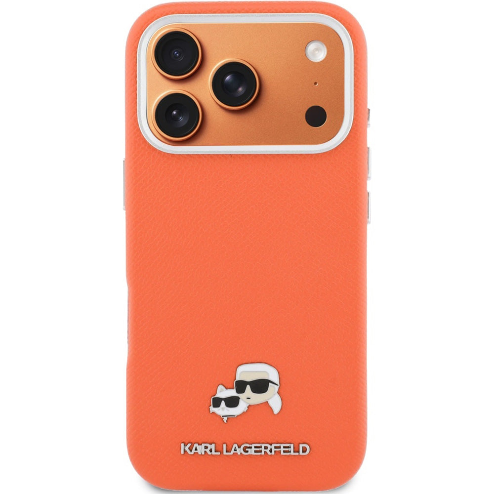 Handyhülle für iPhone 17 Pro, Karl Lagerfeld HardCase Karl and Choupette Head Pin Saffiano mit MagSafe, Orange