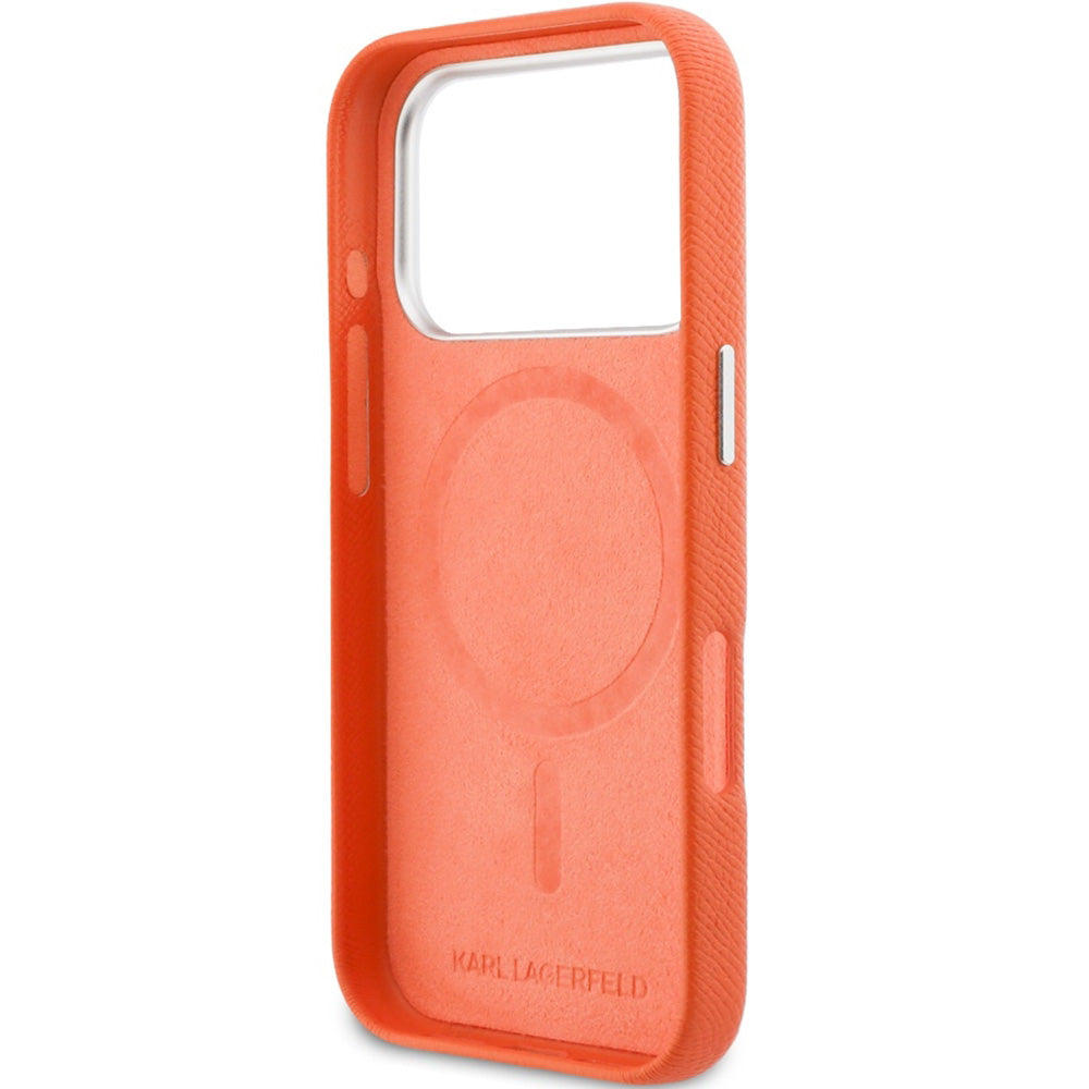 Handyhülle für iPhone 17 Pro, Karl Lagerfeld HardCase Karl and Choupette Head Pin Saffiano mit MagSafe, Orange