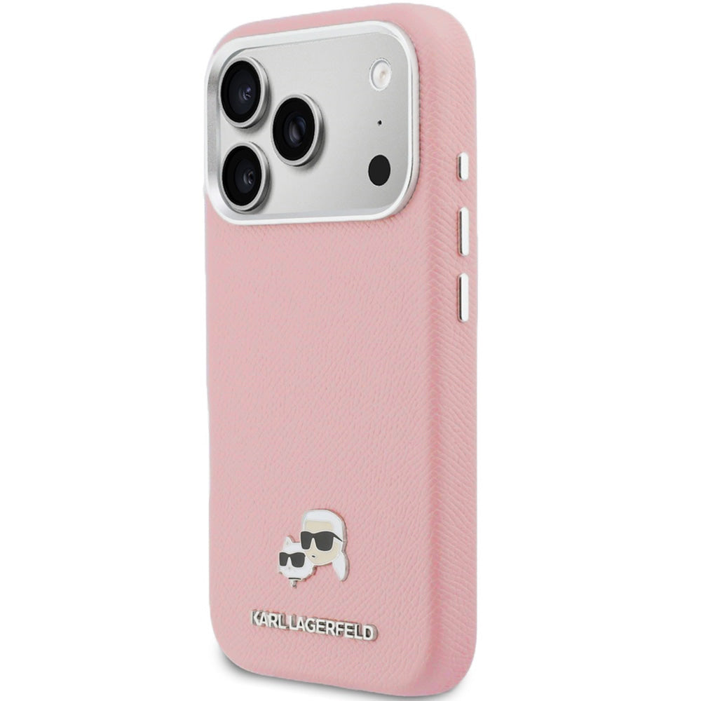 Handyhülle für iPhone 17 Pro, Karl Lagerfeld HardCase Karl and Choupette Head Pin Saffiano mit MagSafe, Rosa