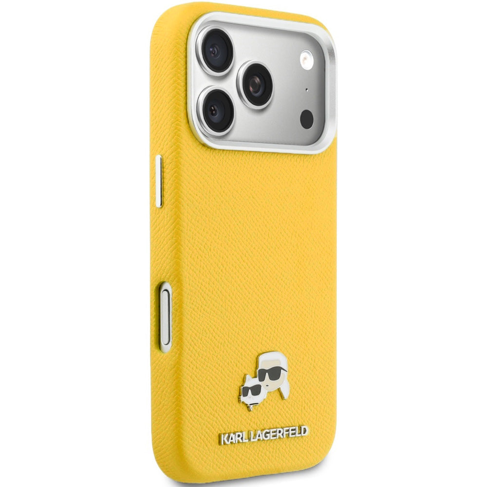 Handyhülle für iPhone 17 Pro, Karl Lagerfeld HardCase Karl and Choupette Head Pin Saffiano mit MagSafe, Gelb