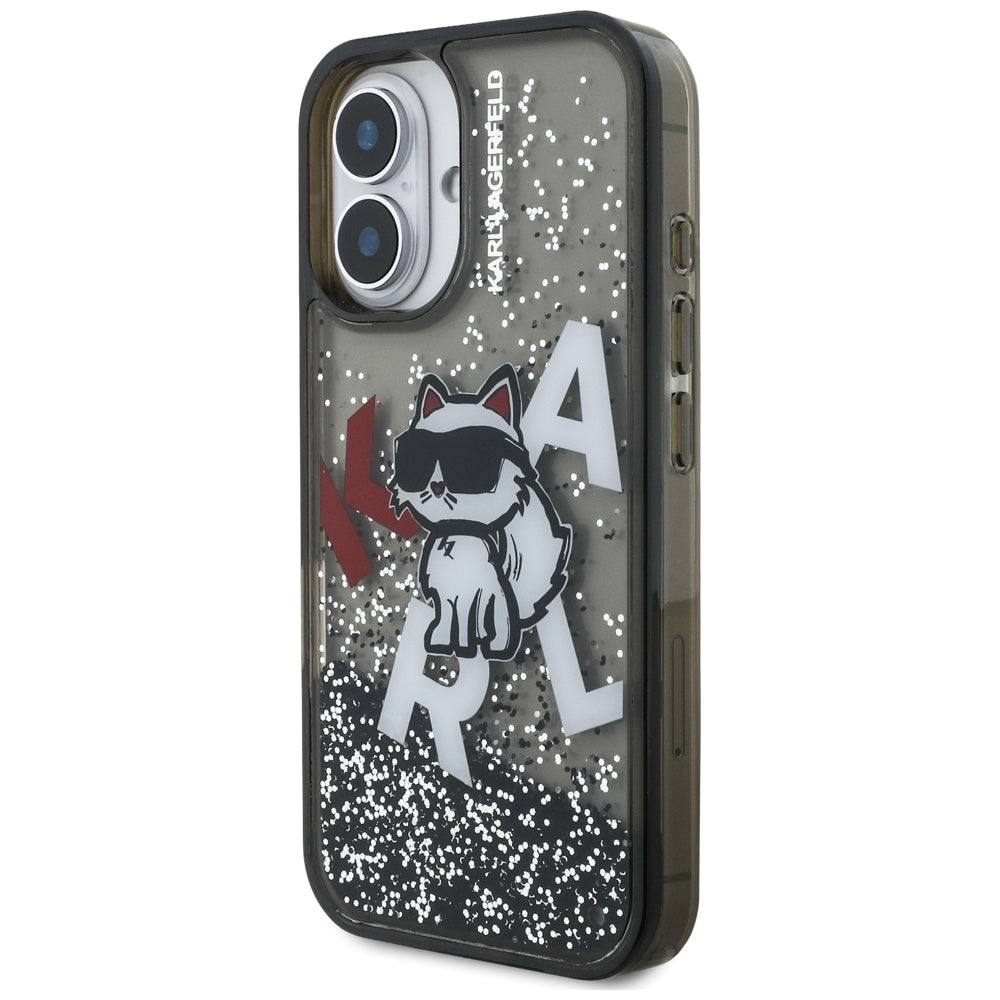 Handyhülle für iPhone 16, Karl Lagerfeld Liquid Glitter Choupette, Schwarz