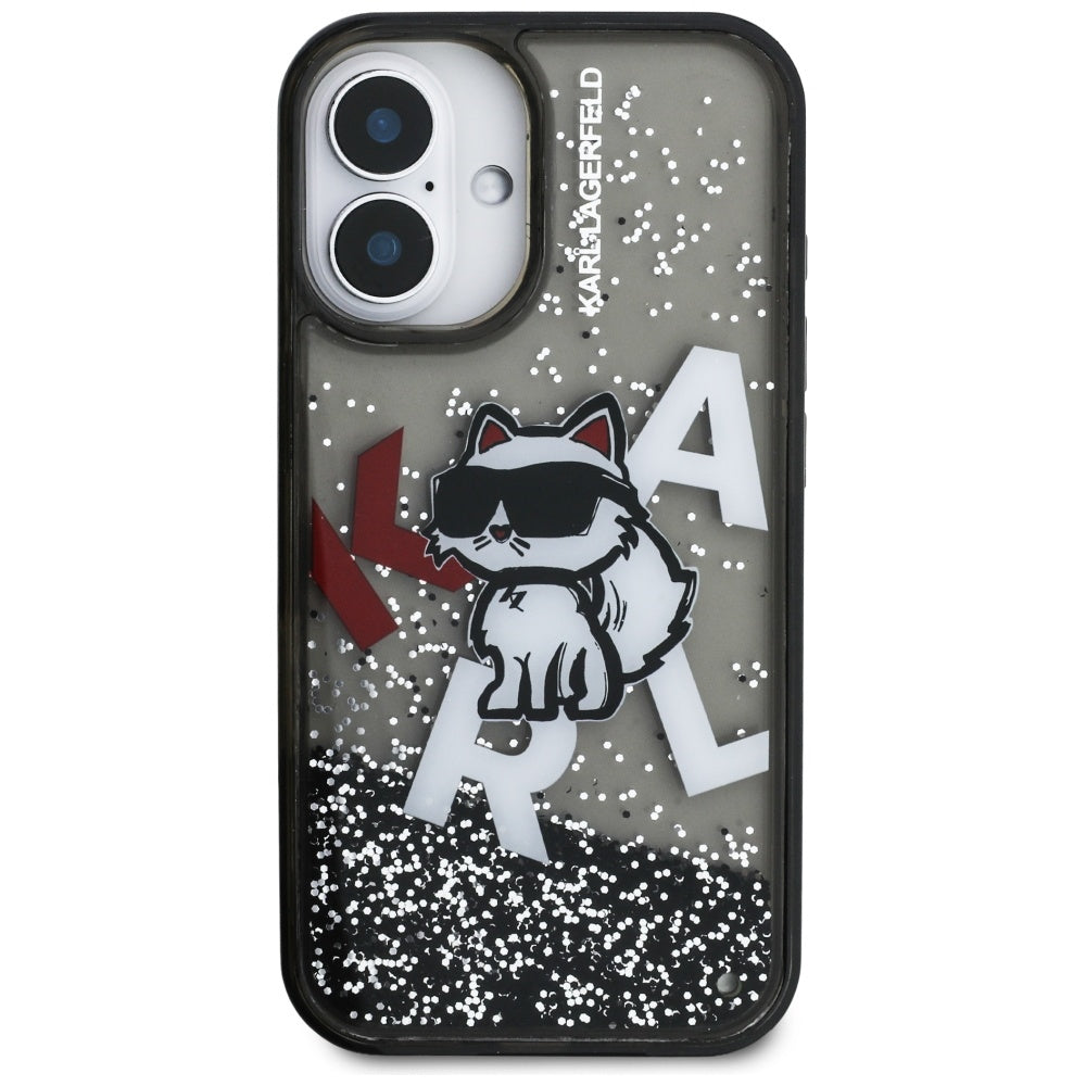 Handyhülle für iPhone 16, Karl Lagerfeld Liquid Glitter Choupette, Schwarz