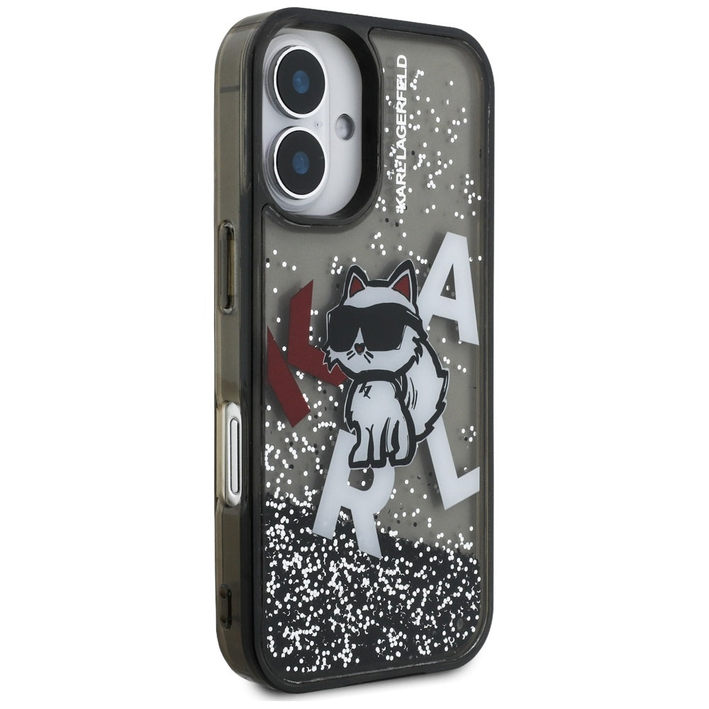 Handyhülle für iPhone 16, Karl Lagerfeld Liquid Glitter Choupette, Schwarz