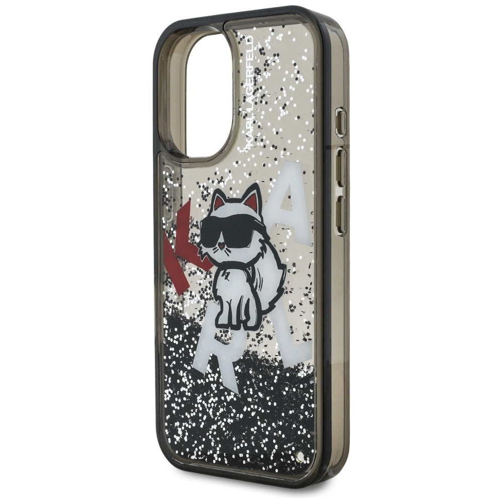 Handyhülle für iPhone 16, Karl Lagerfeld Liquid Glitter Choupette, Schwarz