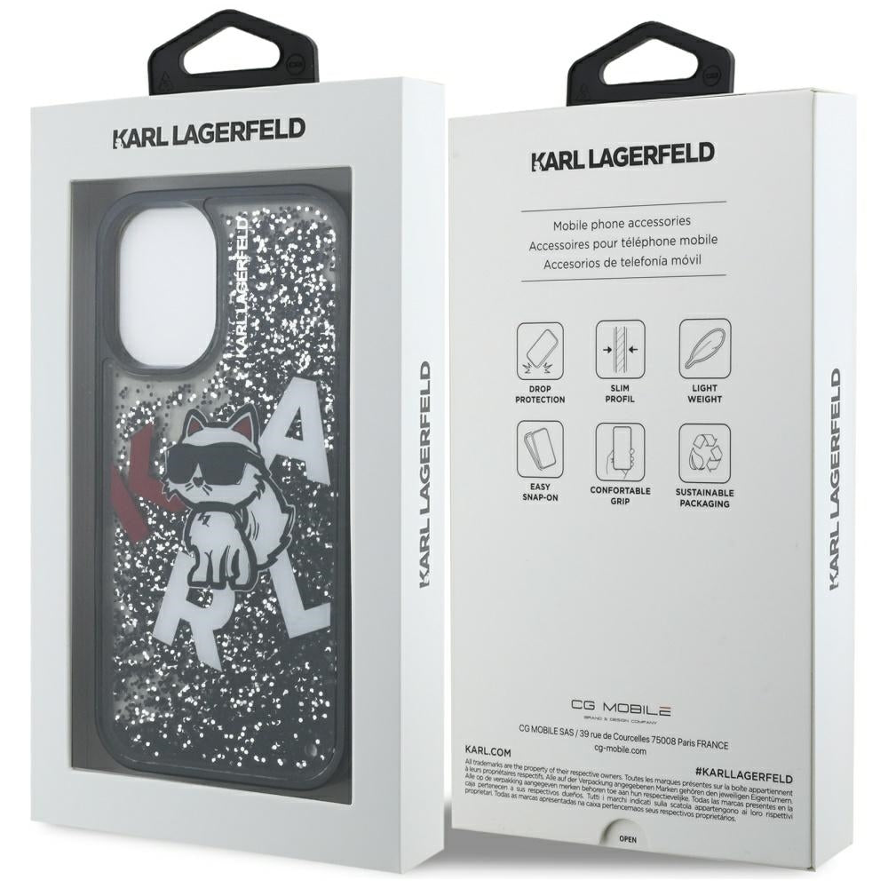 Handyhülle für iPhone 16, Karl Lagerfeld Liquid Glitter Choupette, Schwarz
