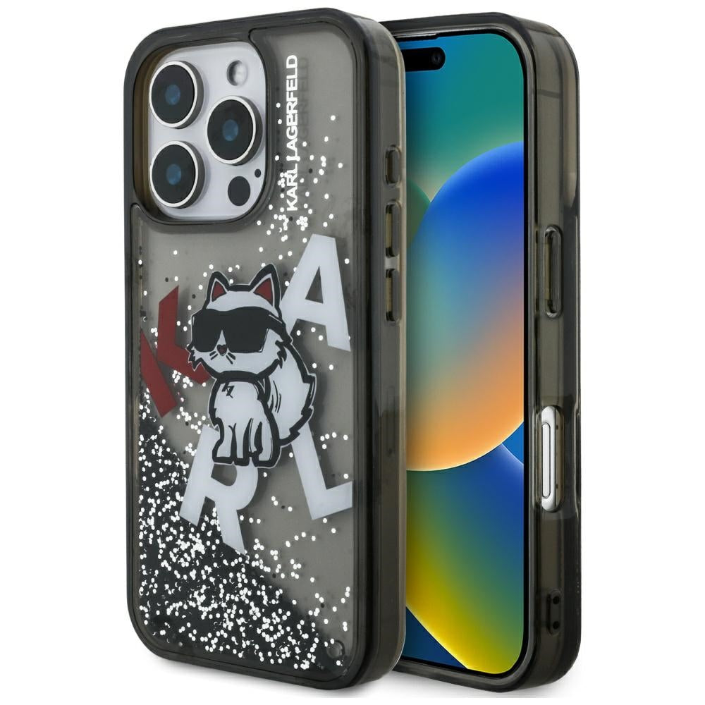 Handyhülle für iPhone 16 Pro, Karl Lagerfeld Liquid Glitter Choupette, Schwarz
