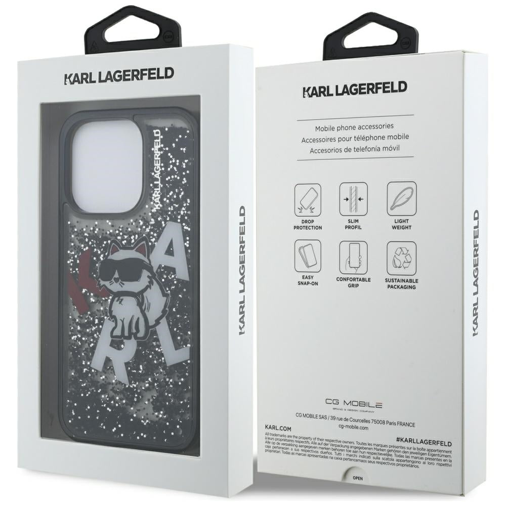 Handyhülle für iPhone 16 Pro, Karl Lagerfeld Liquid Glitter Choupette, Schwarz