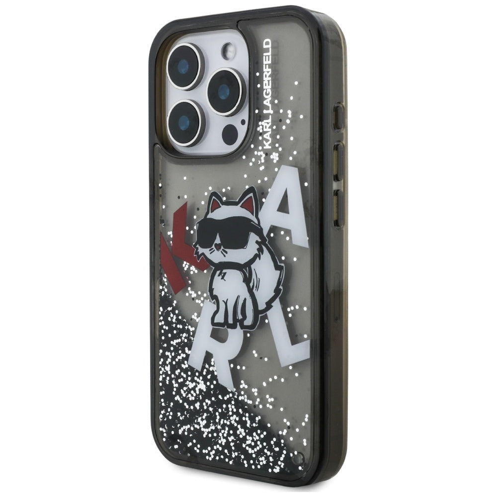 Handyhülle für iPhone 16 Pro Max, Karl Lagerfeld Liquid Glitter Choupette, Schwarz
