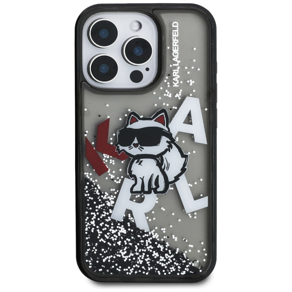 Handyhülle für iPhone 16 Pro Max, Karl Lagerfeld Liquid Glitter Choupette, Schwarz